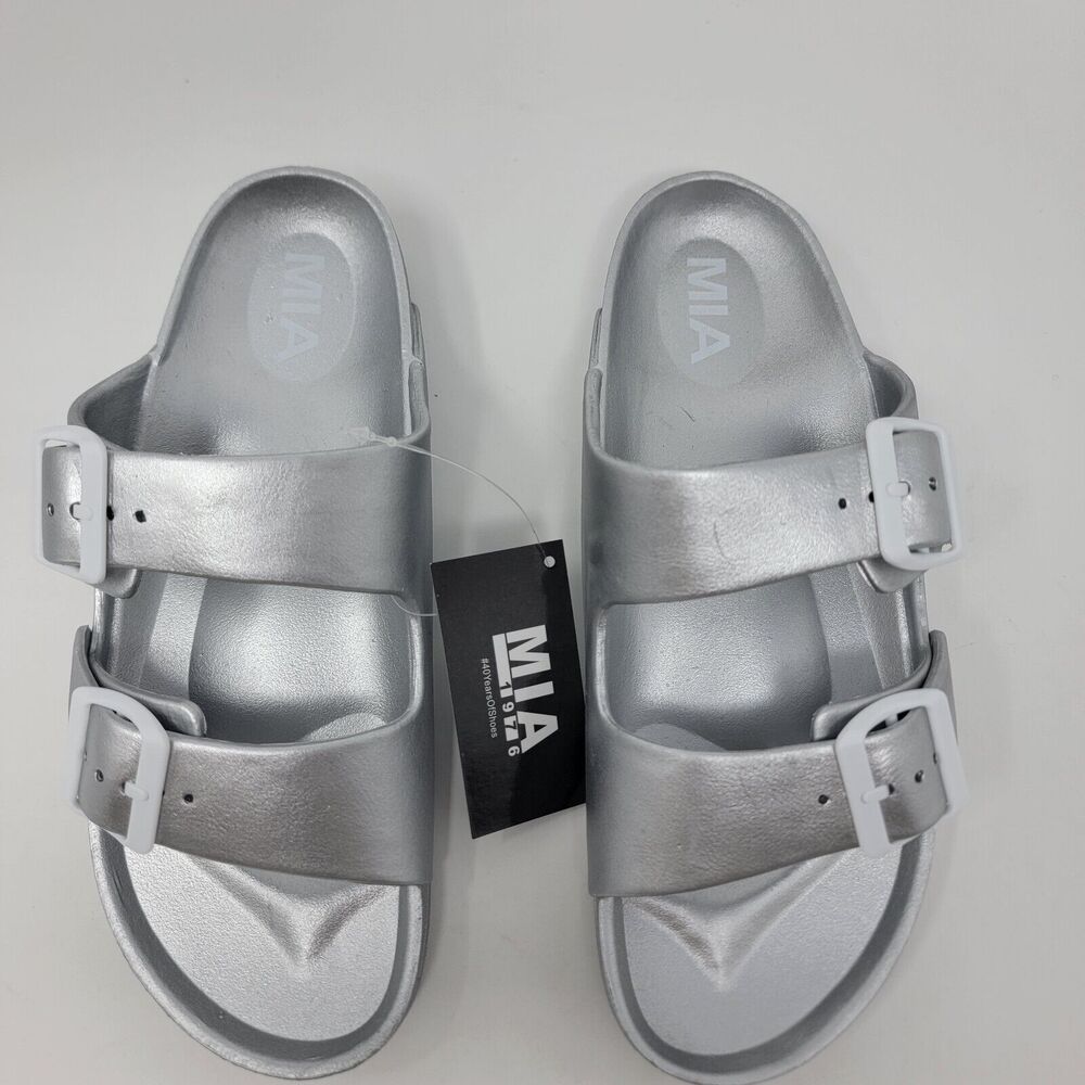 MIA Toulon Sandals Women’s 7 Slip On Two Buckle Comfort Shoe Silver - Picture 2 of 12